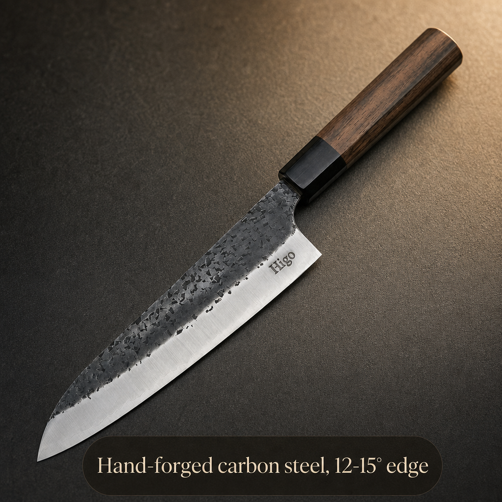 Hand-forged carbon steel, 12-15° edge