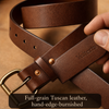 Full-grain Tuscan leather, hand-edge-burnished