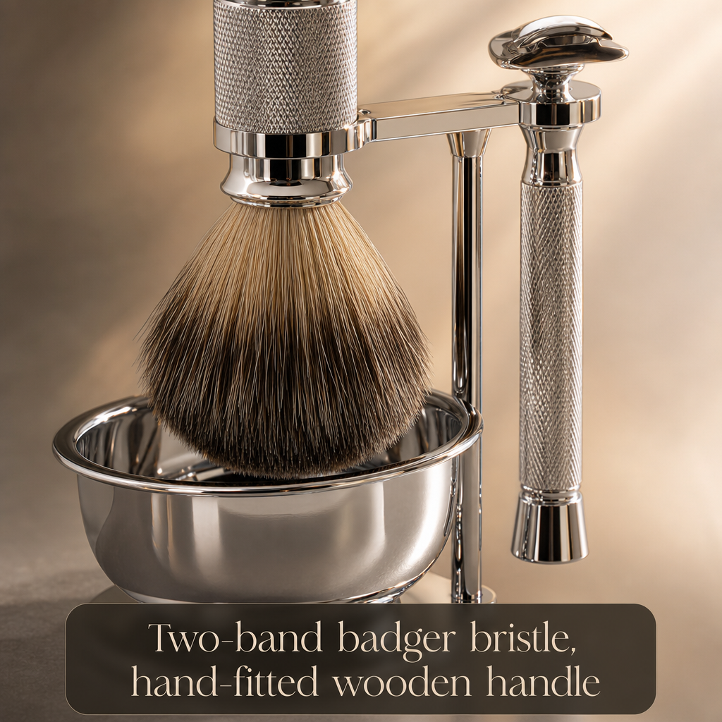 Two-band badger bristle, hand-fitted wooden handle