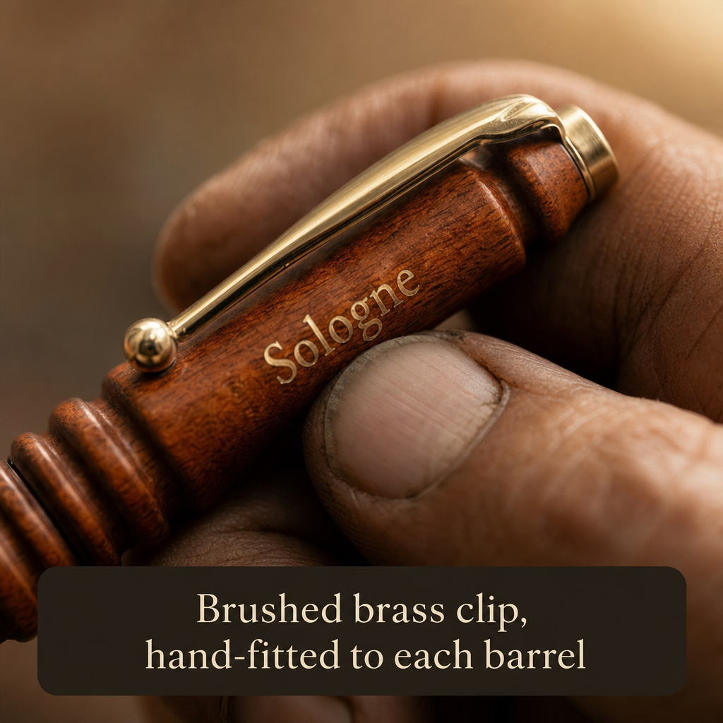 Brushed brass clip, hand-fitted to each barrel