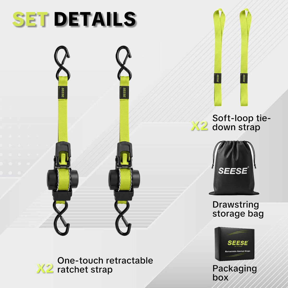 SEESE PRO Retractable Ratchet Straps