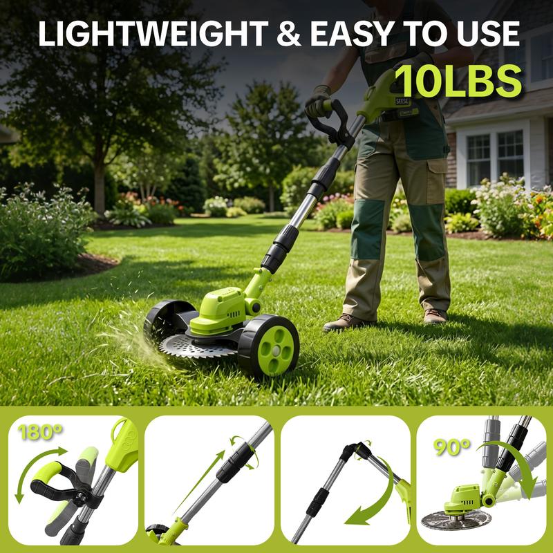 SEESE PRO Wheeled Weed Wacker — Metal Blade, Two Batteries