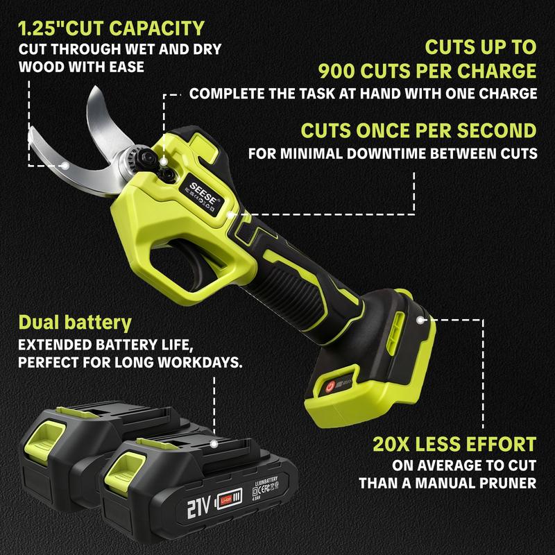 SEESE PRO Electric Pruning Shears, One-Hand Trigger, Two 21V Batteries